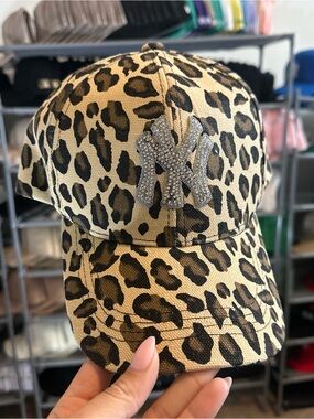 Leopard Print Rhinestone Logo Baseball Cap - Tan & Black